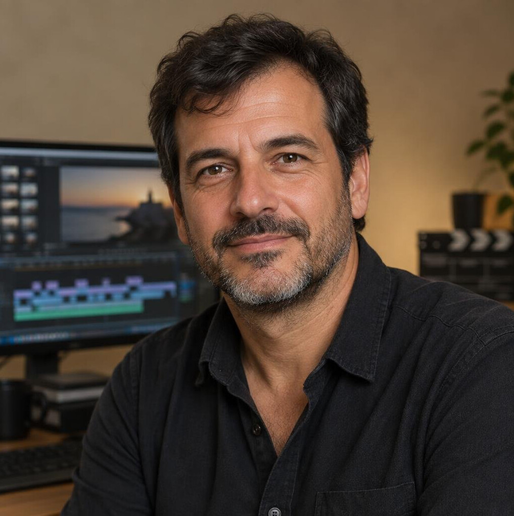 Retrato de montador de imagem português de barba